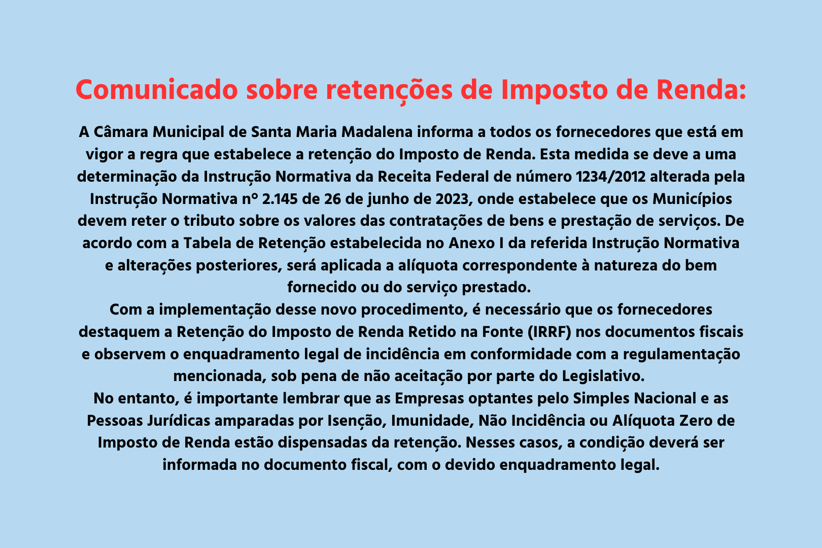 Comunicado sobre retenções de Imposto de Renda